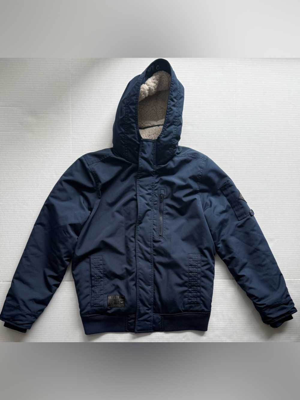 Hollister Sherpa Lined Zip Up Hooded Bomber Jacket Navy Size M